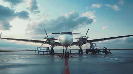 Propeller-driven Aircraft on Tarmac at Sunset with Dramatic Clouds in the Sky