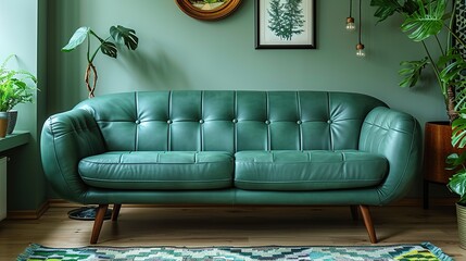 Light green leather sofa against wall with copy space. Mid-century, retro, vintage style home interior design of modern living room.