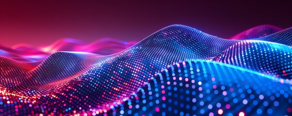 Abstract vector wavy dots background with blue and red lights on dark purple background Generative AI