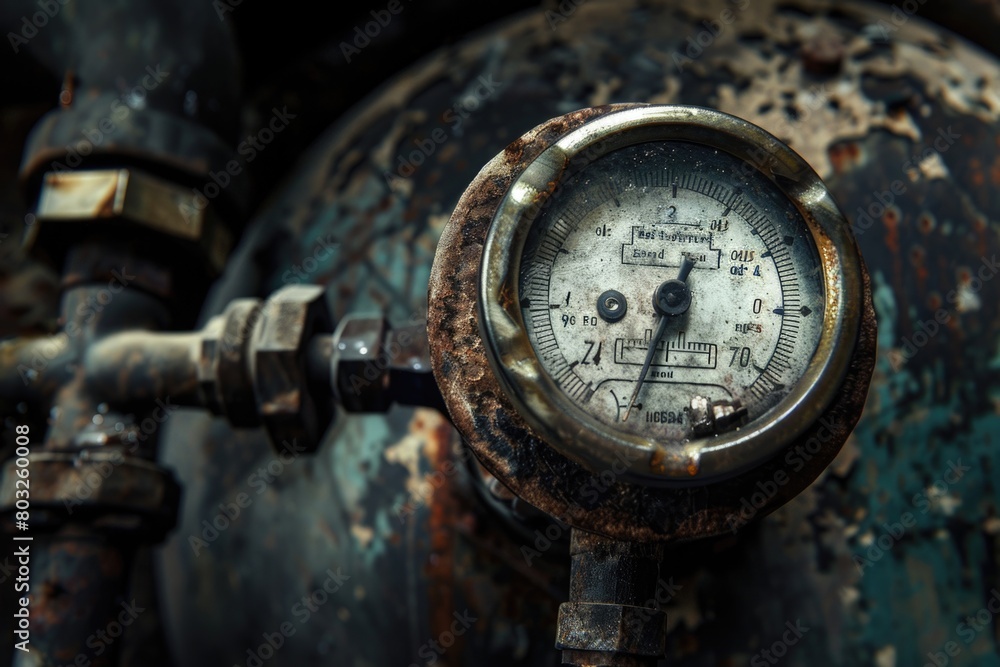 Poster detailed view of a pressure gauge on a rusty pipe. ideal for industrial concepts