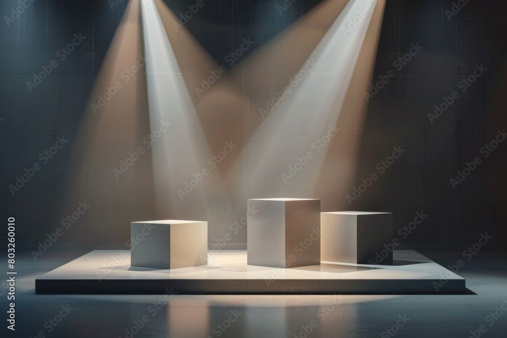 Aufkleber Stage setup with three cubes and three spotlights. Suitable for event planning or entertainment concepts
