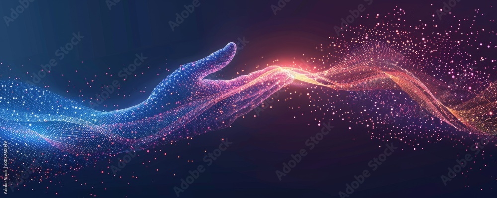 Poster abstract digital wave dots background with gradient color and hand shape technology concept design f