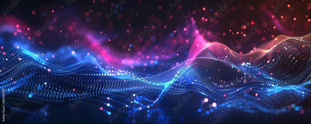 Poster abstract digital wave with dots and lines in blue, purple and red colors on dark background abstract