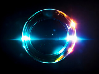 Colorful round lens flare on black background. Overlay light effect 