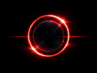Round red lens flare on black background. Light effect overlay