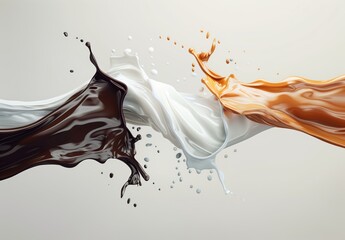 A splash of chocolate and white milk paint on a white background