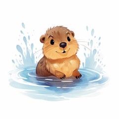 Capybara swimming, cartoon adorable owl hand drawing watercolor isolated on white background