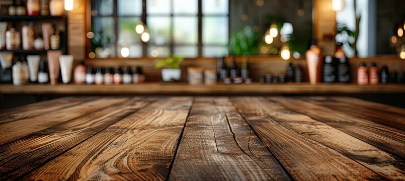 Contemporary hair stylist equipment on wooden table in a stylish and fashionable salon ambiance