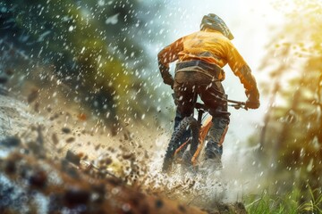 A mountain biker rides through a muddy trail. The rider is wearing a yellow jacket and a helmet. The bike is covered in mud. The background is a blur of trees and sky.