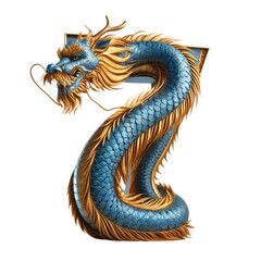 Obraz premium A large blue dragon with gold accents and a long tail. The dragon is curled up and has a number 7 on it, isolated on a transparent background.