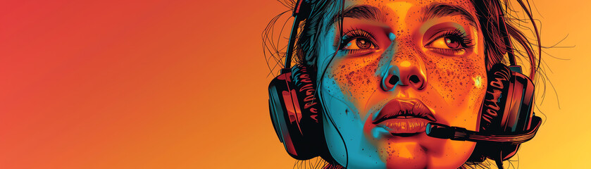 portrait of a beautiful girl with freckles wearing headphones, in a colorful gradient background