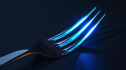 A glowing blue fork rests on a dark surface.