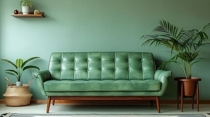 Light green leather sofa against wall with copy space. Mid-century, retro, vintage style home interior design of modern living room.