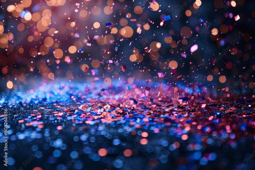Poster vibrant glitters exploding, creating a festive, fun atmosphere with dynamic colors spread over a dar