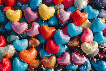 Heart Shaped Balloons Floating in a Colorful Joyful with a Wide Angle Bird s Eye Perspective...