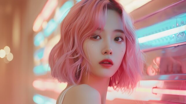 Vibrant Close-up Portrait of a Charismatic K-pop with Wavy Pink Hair