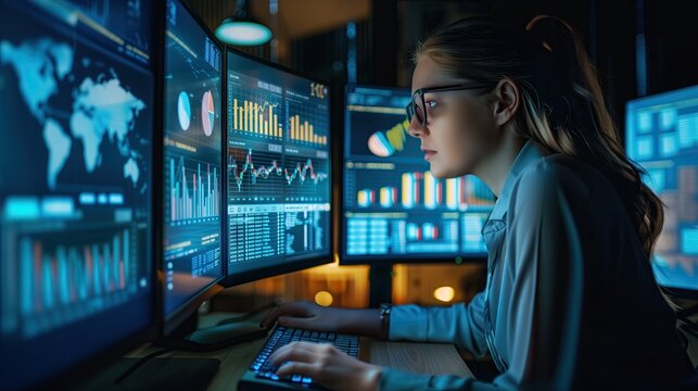 female analyst Analysis of computer systems and data management to create a report corporate strategy for finance, operations, sales, marketing