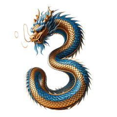 Fototapeta premium A blue and gold dragon with a long tail and a mouth that is open. The dragon is curled up and has the number 3 on it, isolated on a transparent background.