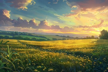 A beautiful summer landscape with a vast field of yellow flowers, green hills, and a setting sun