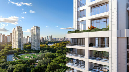 This sophisticated apartment features a pearl white facade, panoramic windows, and rooftop gardens, overlooking the vibrant city park. - Powered by Adobe