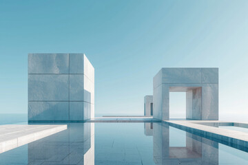 Modern buildings by the lake. Empty architectural background.