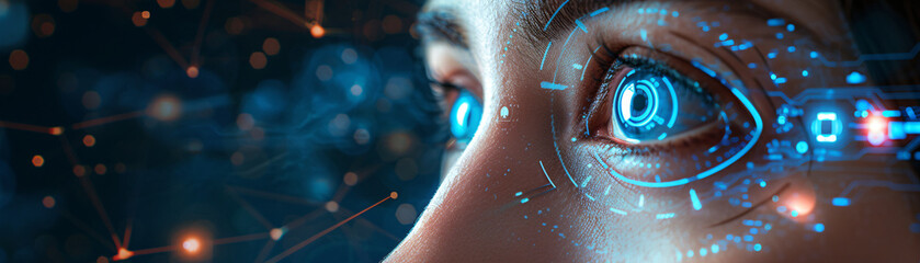 Detailed shot of biometric authentication process with facial recognition technology, showcasing real-time detection and encryption symbols. - Powered by Adobe