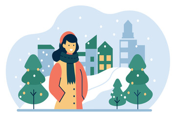 A content woman in winter attire enjoying a snowy urban scene