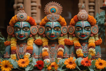 Fototapeta premium Divine Idols: An enchanting portrayal of the beautifully adorned idols of Lord Jagannath, Balabhadra, and Subhadra seated majestically on their chariots, exuding an aura of divine