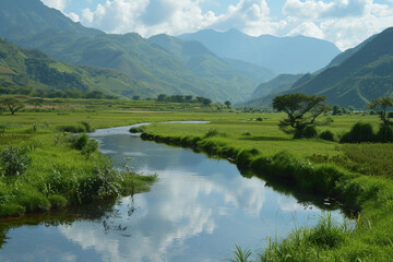 A tranquil river winding its way through a lush, green valley, reflecting the surrounding mountains.