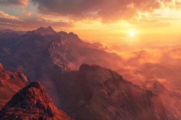 A beautiful landscape of a mountain range at sunset. The sky is a deep orange and the sun is setting behind the mountains. The mountains are covered in snow.