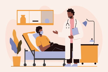 Doctor discussing treatment with a masked patient in a clinic