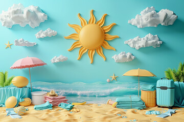 Colorful beach scene with sun, clouds, and beach items, ideal for summer vacation themes.
