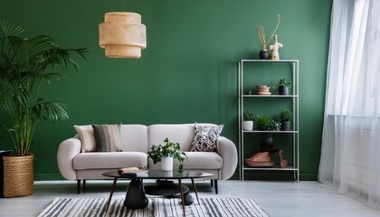 Modern living room interior, minimalistic, beautiful green walls, cozy furniture