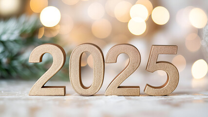 Large golden numbers 2025 on a blurred background with bokeh. Happy New Year 2025 card design.
