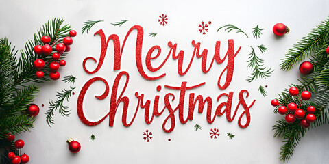 Christmas card design. Christmas background with fir branches, red Christmas balls and the inscription "Merry Christmas".