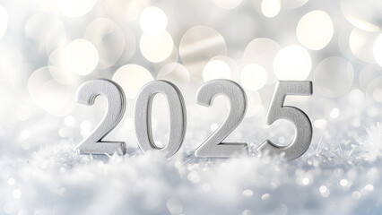 Silver numbers 2025 in the snow on a blurred background with bokeh. Happy New Year 2025 card design.