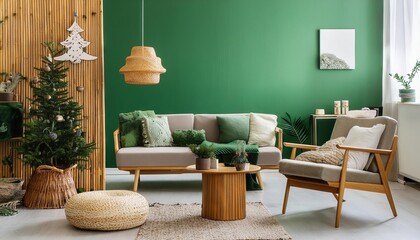 Modern living room interior, minimalistic, beautiful green walls, cozy furniture