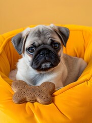 Pug Puppy Resting in Biscuit Shaped Bowl with Vibrant Minimalist Design