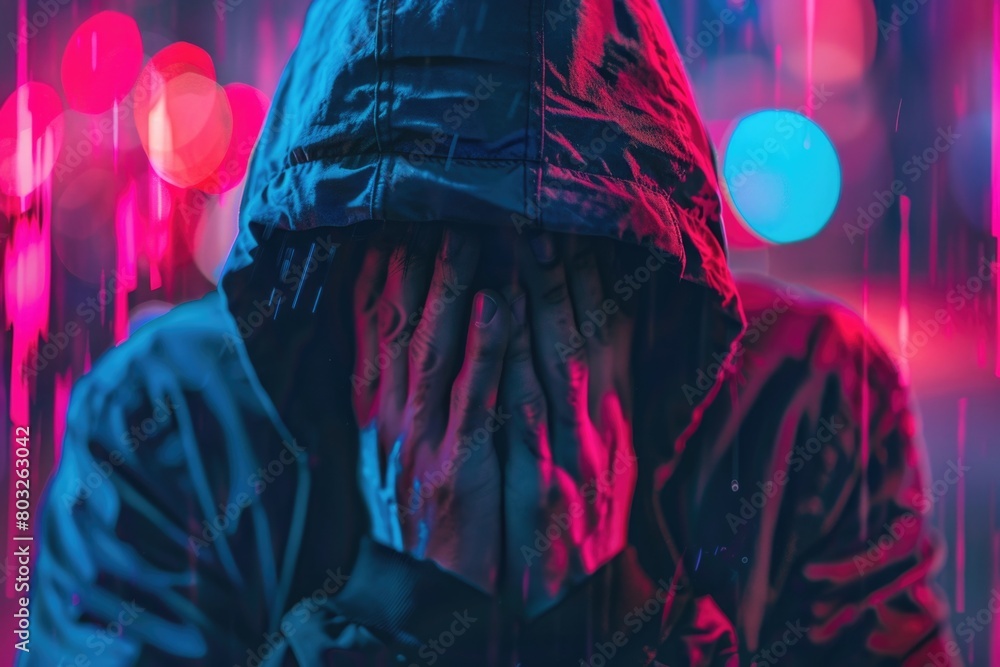 Poster A person in a hoodie standing in the rain, suitable for various concepts and designs