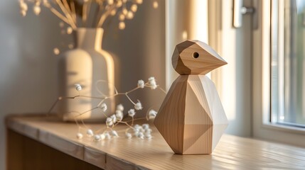 Curious Wooden Toy Animal on Shelf with Warm Scandinavian Interior