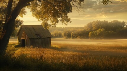 A weathered barn sits in a golden field of wheat. The setting sun casts long shadows across the land. A single tree stands sentinel over the scene.
