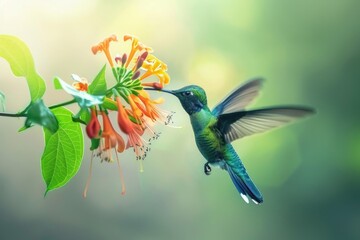 Obraz premium A beautiful hummingbird in flight near a vibrant flower. Ideal for nature and wildlife concepts