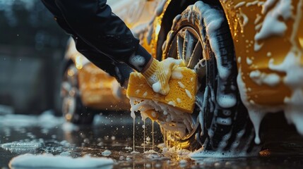 A close-up of a person washing a yellow car with a sponge and soapy water.