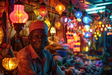 Obraz premium A man sitting in front of a colorful display of lanterns. Perfect for festive event promotions