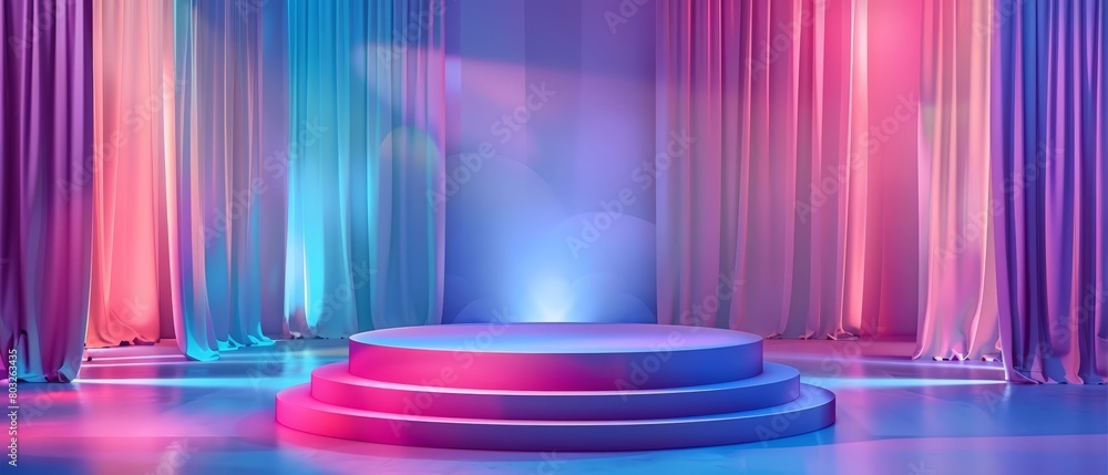 Poster a dimly lit stage with a spotlight on an empty pedestal. the curtains in the background are a deep b