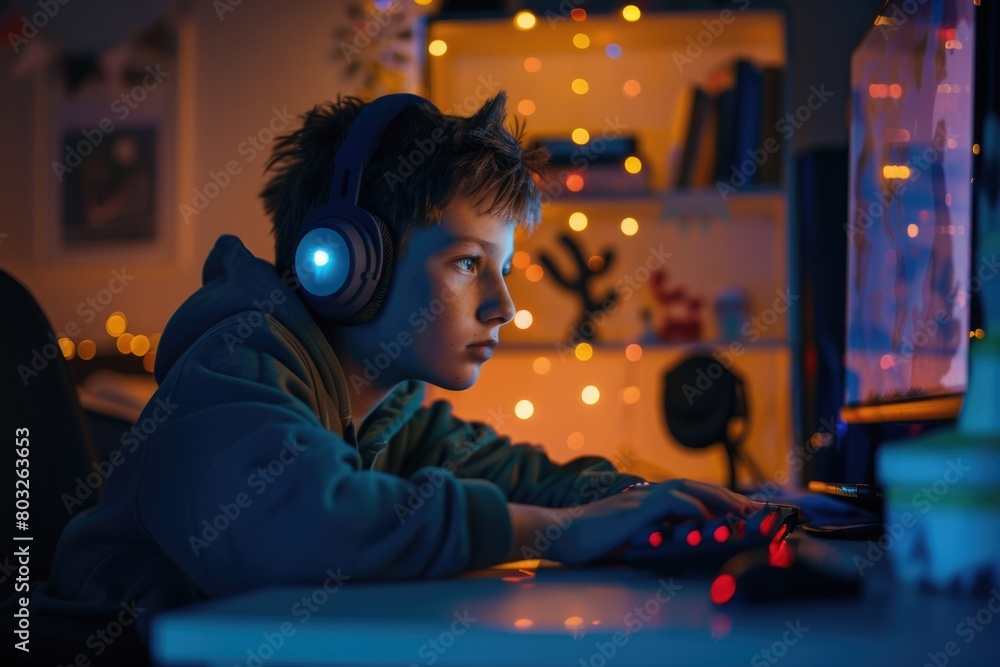 Poster a young boy sitting in front of a computer with headphones on. ideal for technology and education co