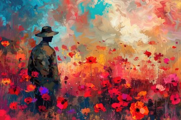 A man standing among colorful flowers. Suitable for nature and relaxation concepts