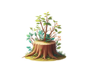Tree stump with grass on transparent background Ai generative.