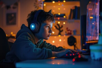 A young boy sitting in front of a computer with headphones on. Ideal for technology and education concepts - obrazy, fototapety, plakaty