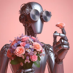 Unrealistic steel robot figure from the future wearing big spectacles and carrying a bunch of flowers against a soft pink backdrop.